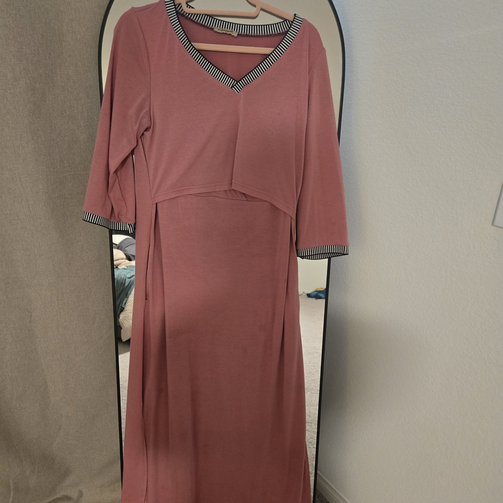 Maternity and Nursung Pink V-Neck Maxi Dress with Striped Trim